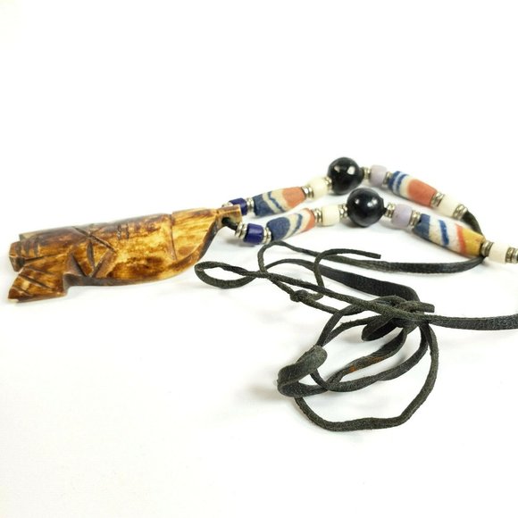 Vintage Ethnic Carved Stone Necklace Leather Cord - Picture 8 of 8